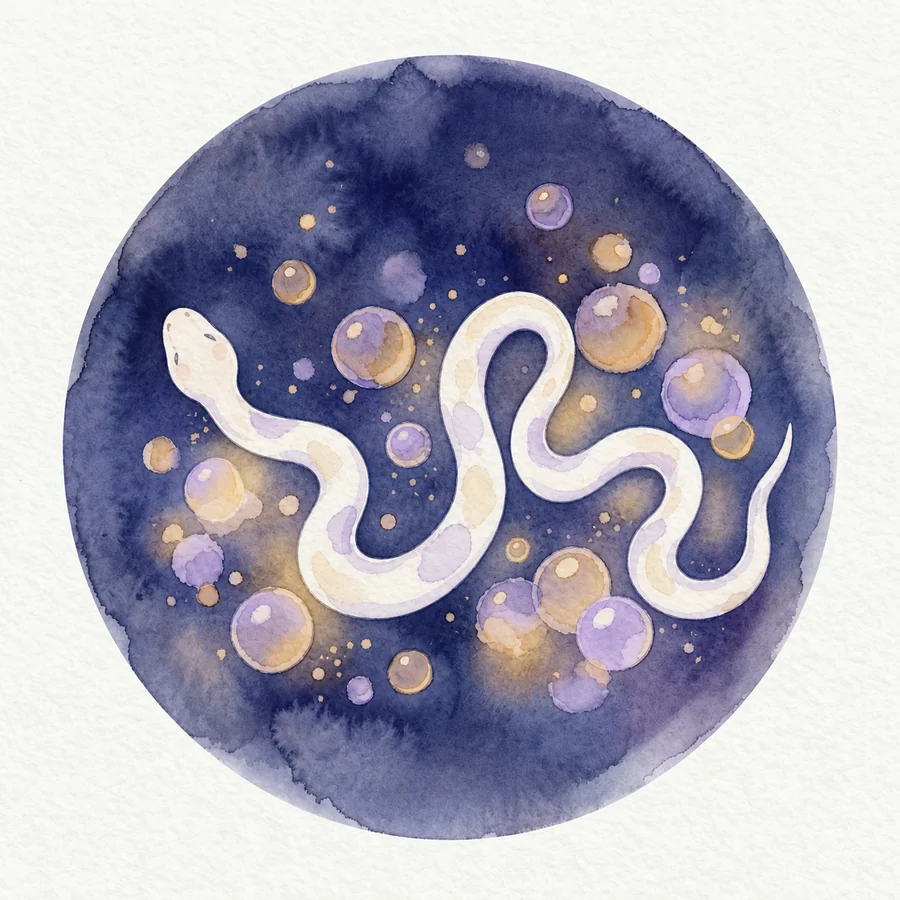 Codexで生成した、上から見た這う白蛇と泡のイラスト（宵と泡沫のメインイラスト）