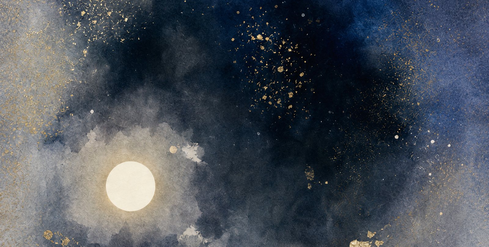 金箔の散る夜空と月の水彩画